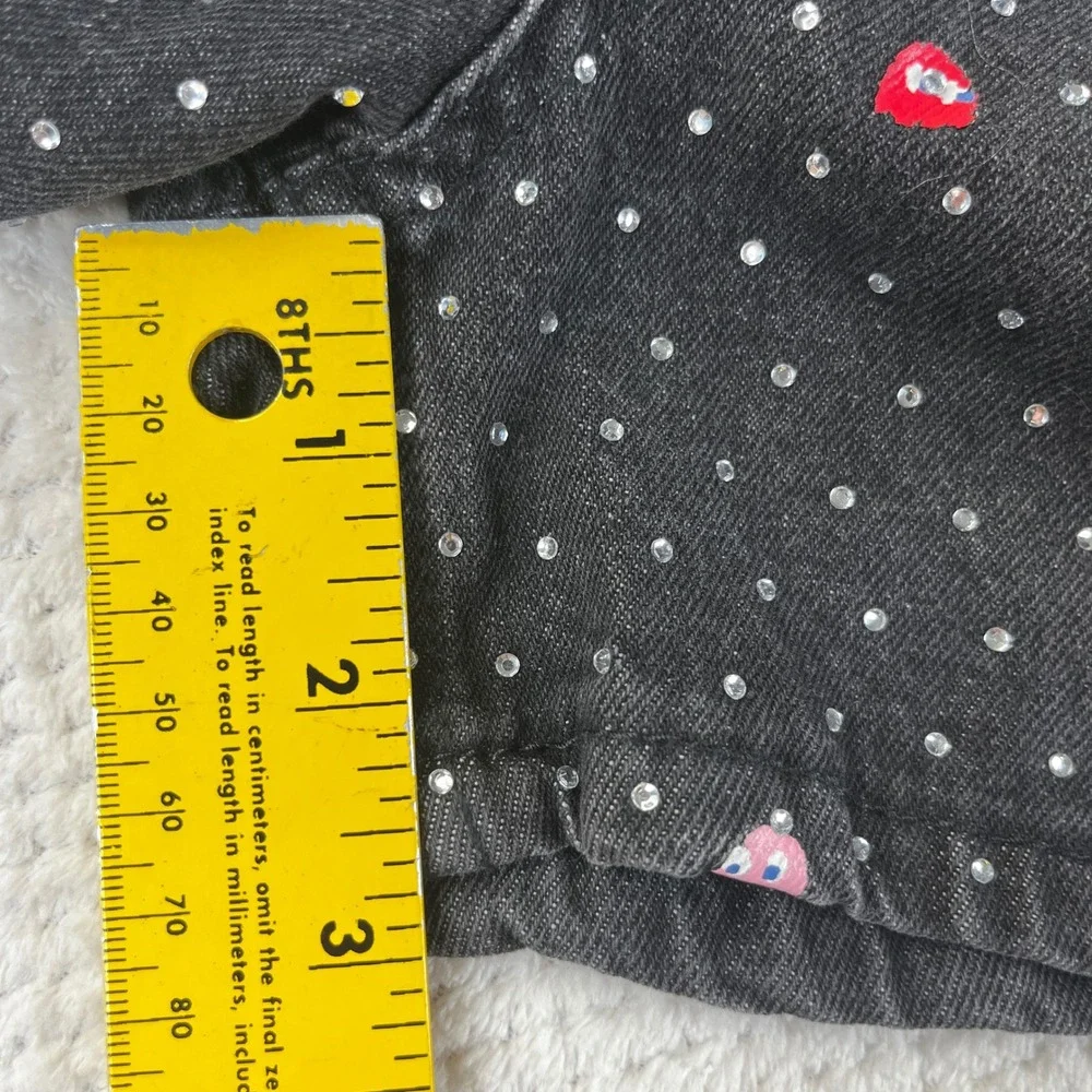 Justice Pac-Man Girls Black Denim Rhinestone Shorts Size 14 Retro Gaming Graphic